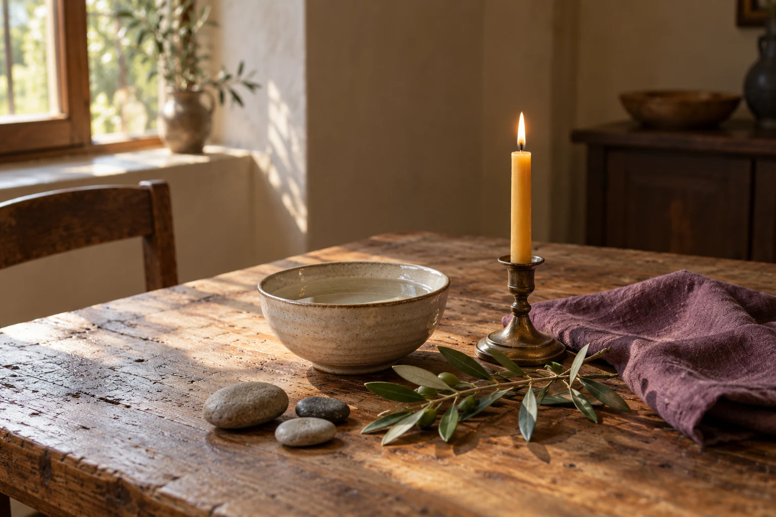 Candle, water and stones in a reflective still life