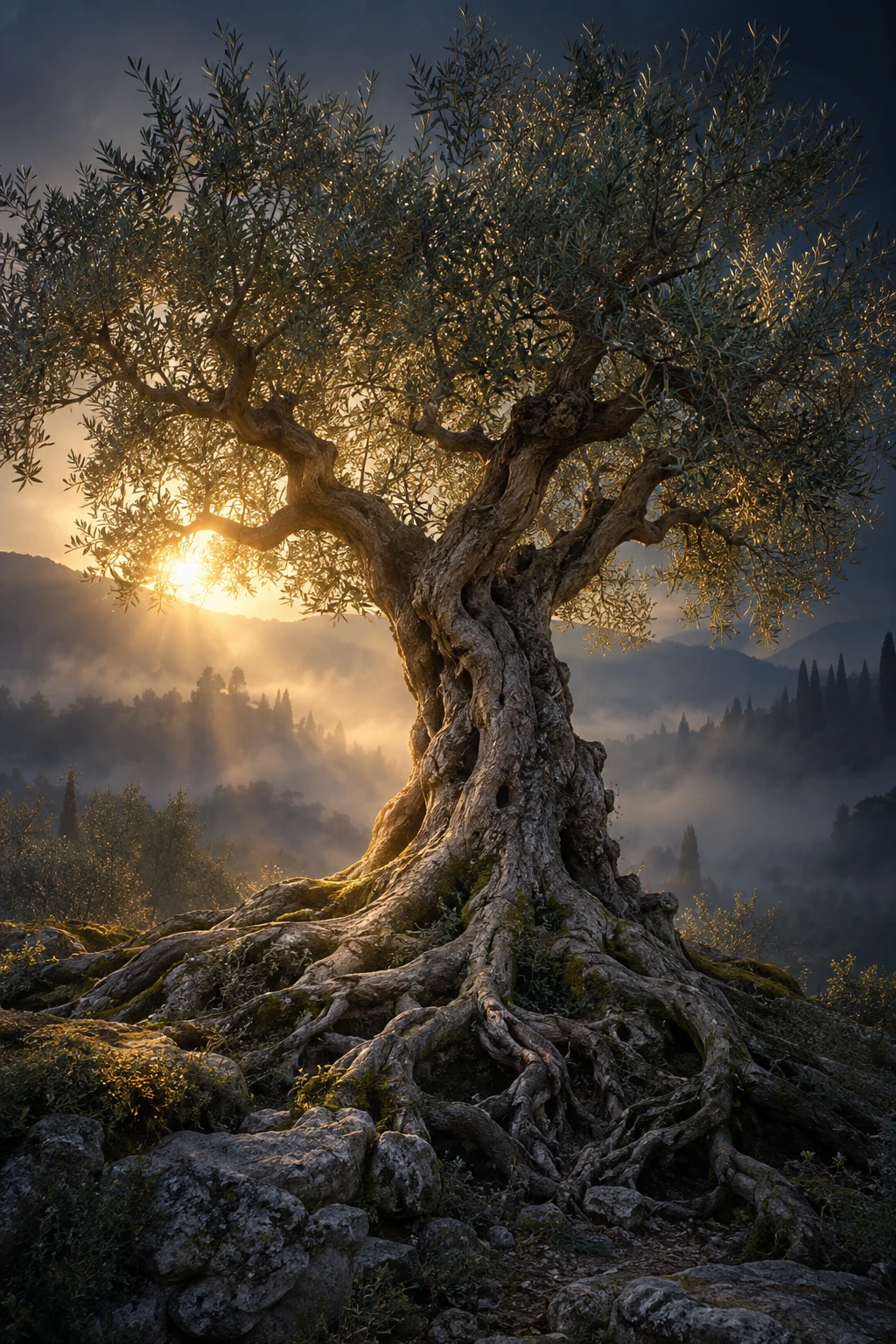 Ancient tree in indigo mist and golden sunlight