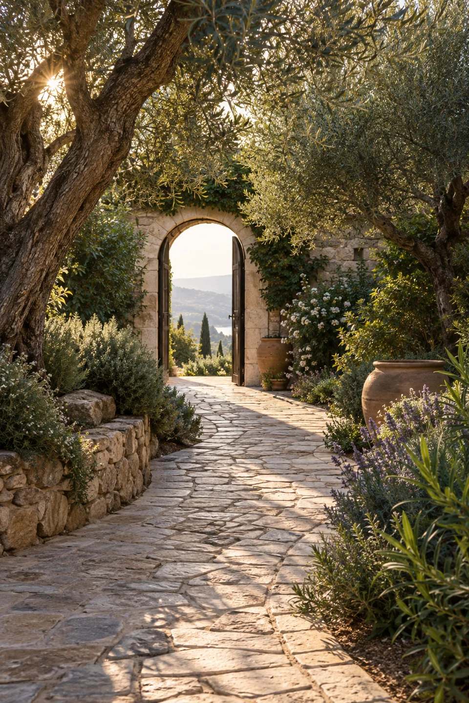 A garden path leading to a sunlit doorway