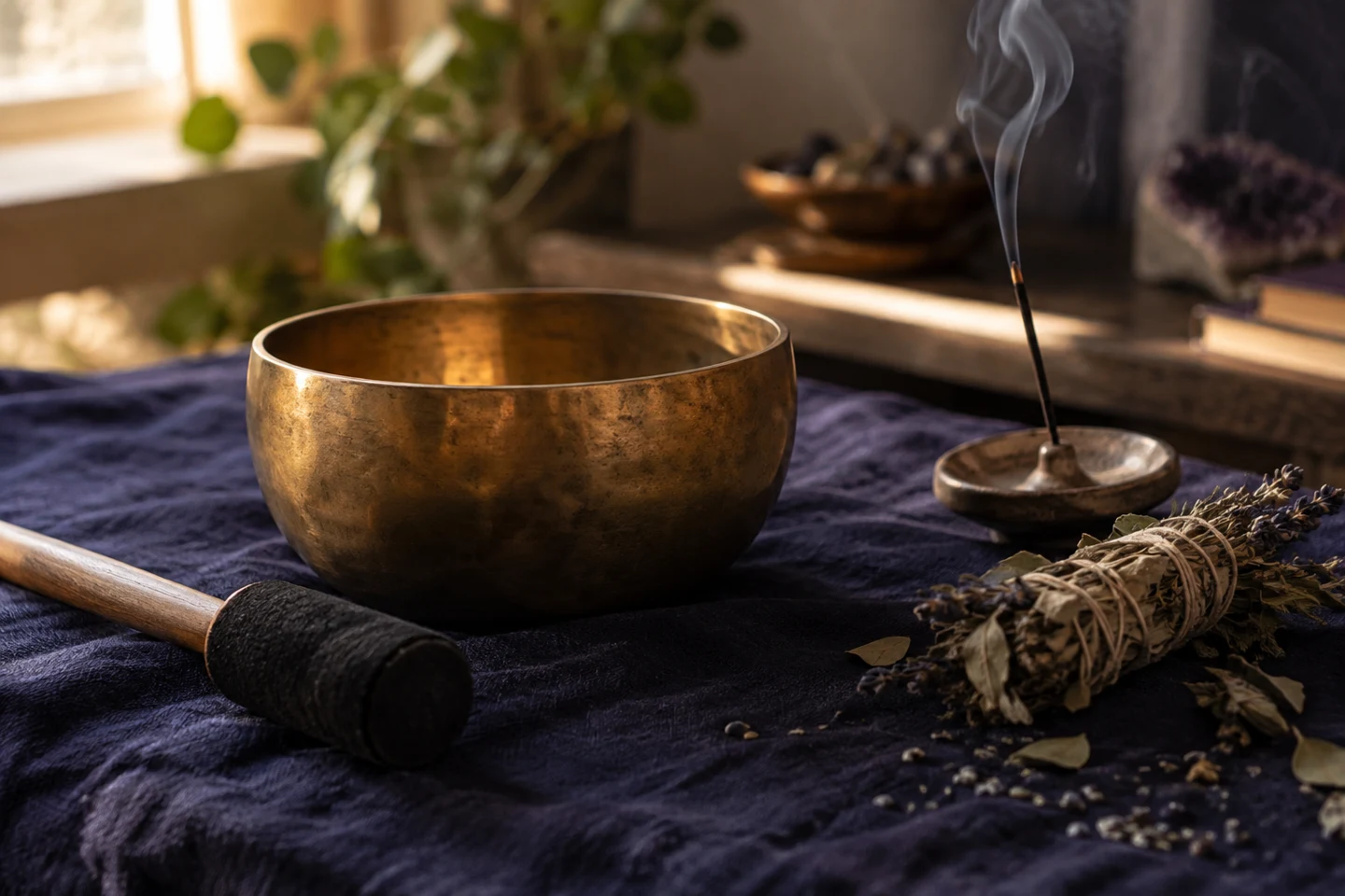 Singing bowl and herbs on indigo linen